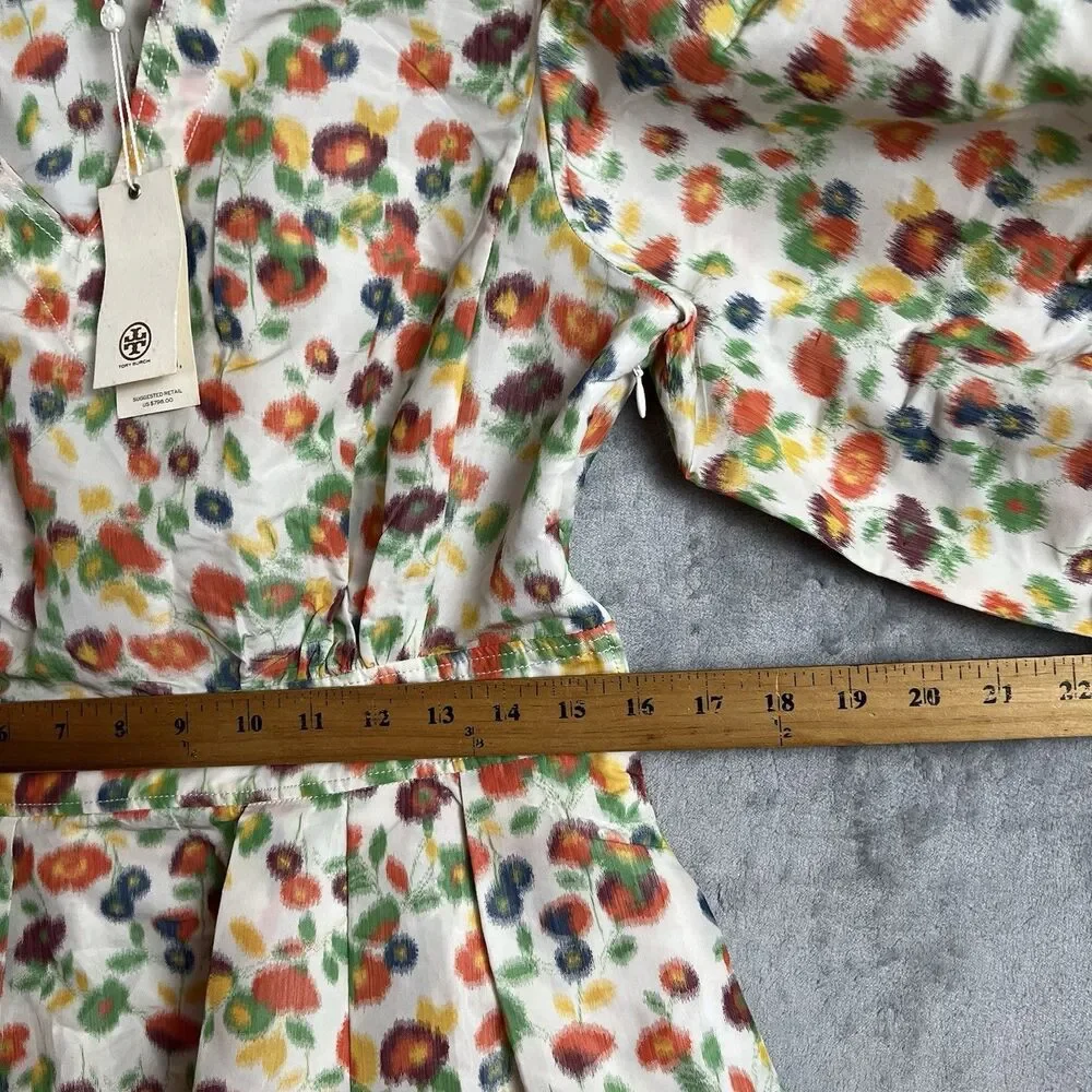Tory Burch Taffeta Puffed Sleeve Dress Tossed Confetti Floral V-Neck 63672 SZ 10